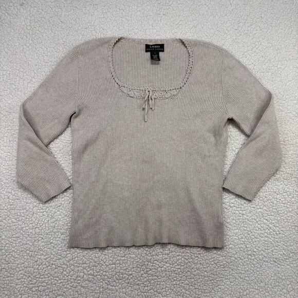 Vintage Lauren Ralph Lauren Ribbed Cropped Sweater Crochet Lace Neckline Sz L - Picture 1 of 6